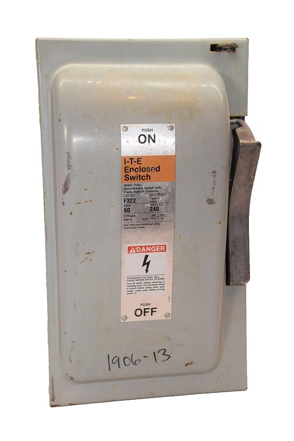 Used I-T-E F322 60A Amp Type 1 240V Heavy Duty Disconnect / Safety Switch