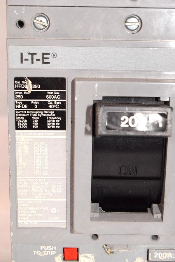 Used Siemens I-T-E Circuit Breaker 200 Amp 200A w/ Chassis HFD63F250 3 Pole 200a trip