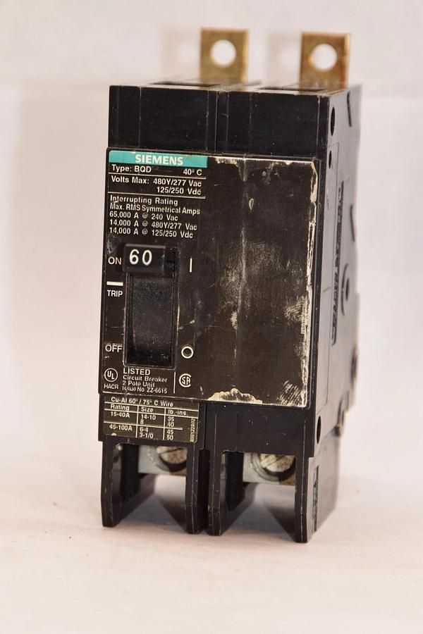 Used SIEMENS BQD 60A 60 Amp 2Pole Bolt-On Circuit Breaker