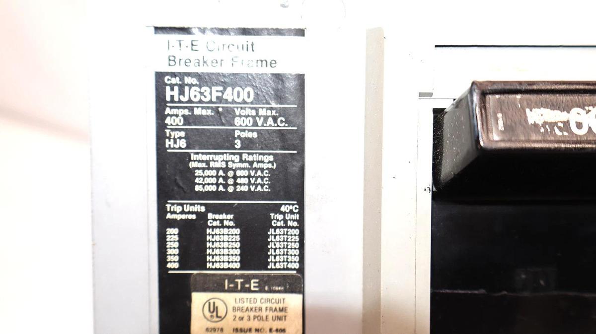 Used ITE HJ63F400 400A 3P Circuit Breaker With S01J60 Shunt Trip