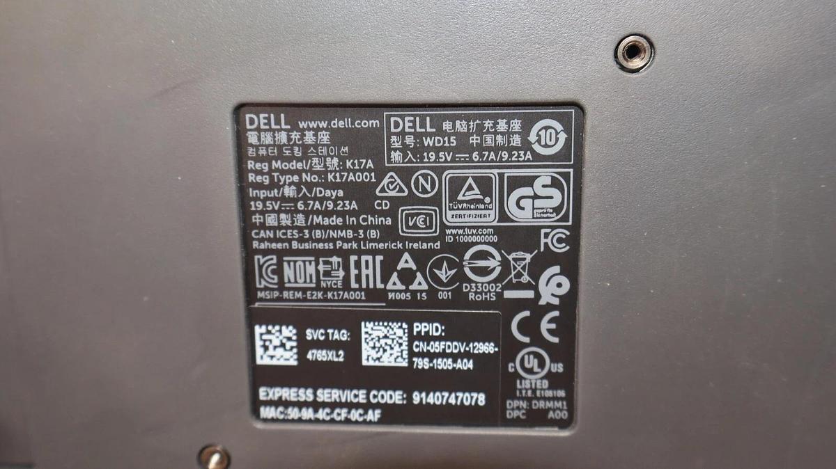 Used DELL WD15 , K17A , K17A001 19.5V - 6.7A/9.23A Docking Station