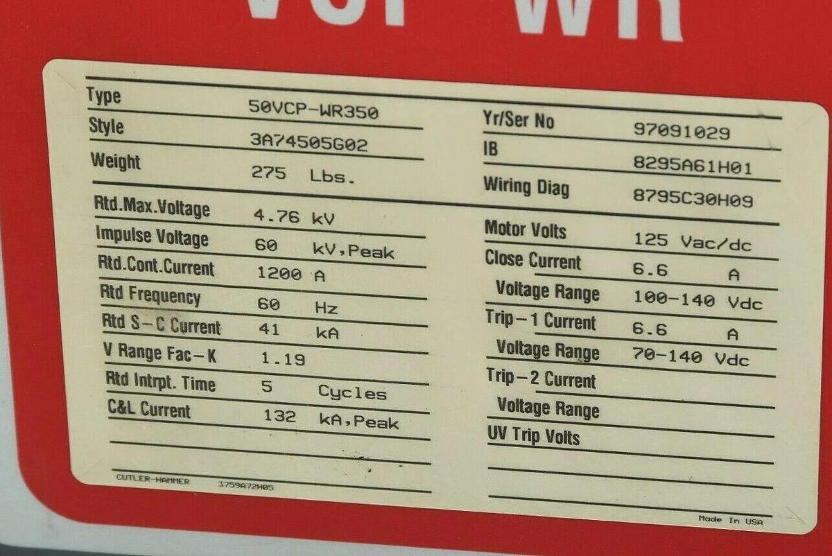 Used Cutler Hammer 50VCP-WR350 Vacuum Circuit Breaker 4.76 KV, 1200A, 1200 Amp VCP-WR