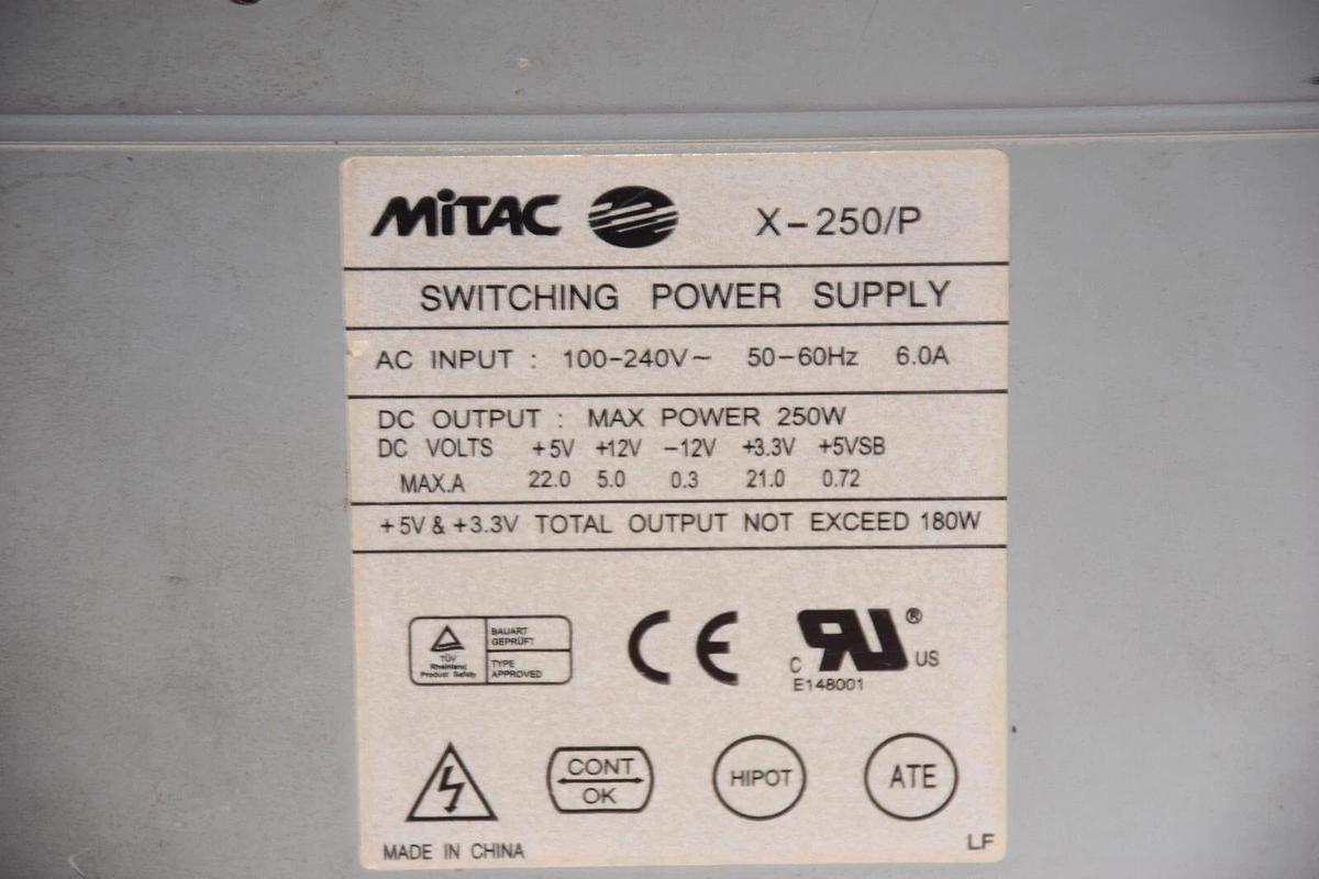 Used MITAC X-250/P , X250/P 100-240V 50-60Hz 6.0A Switching Power Supply