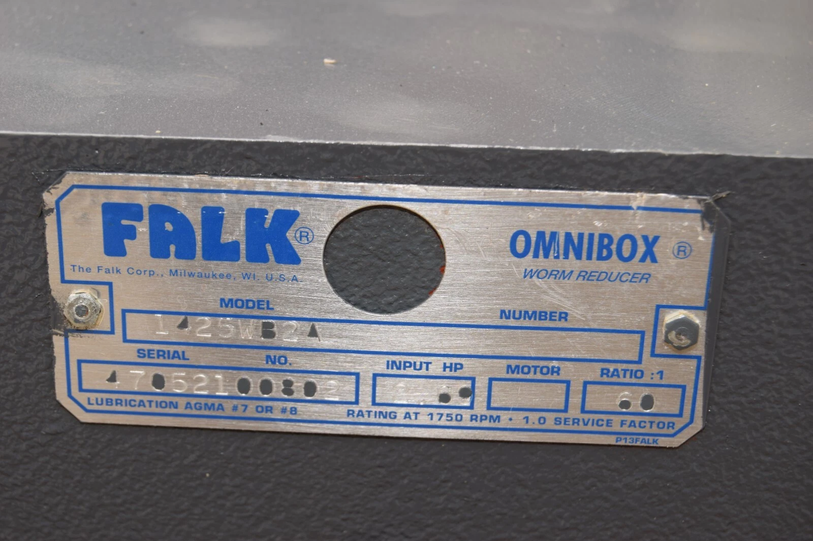 FALK Omnibox Worm Speed Reducer Gear Box 1425WB2A 60:1 2.69hp (NOS)