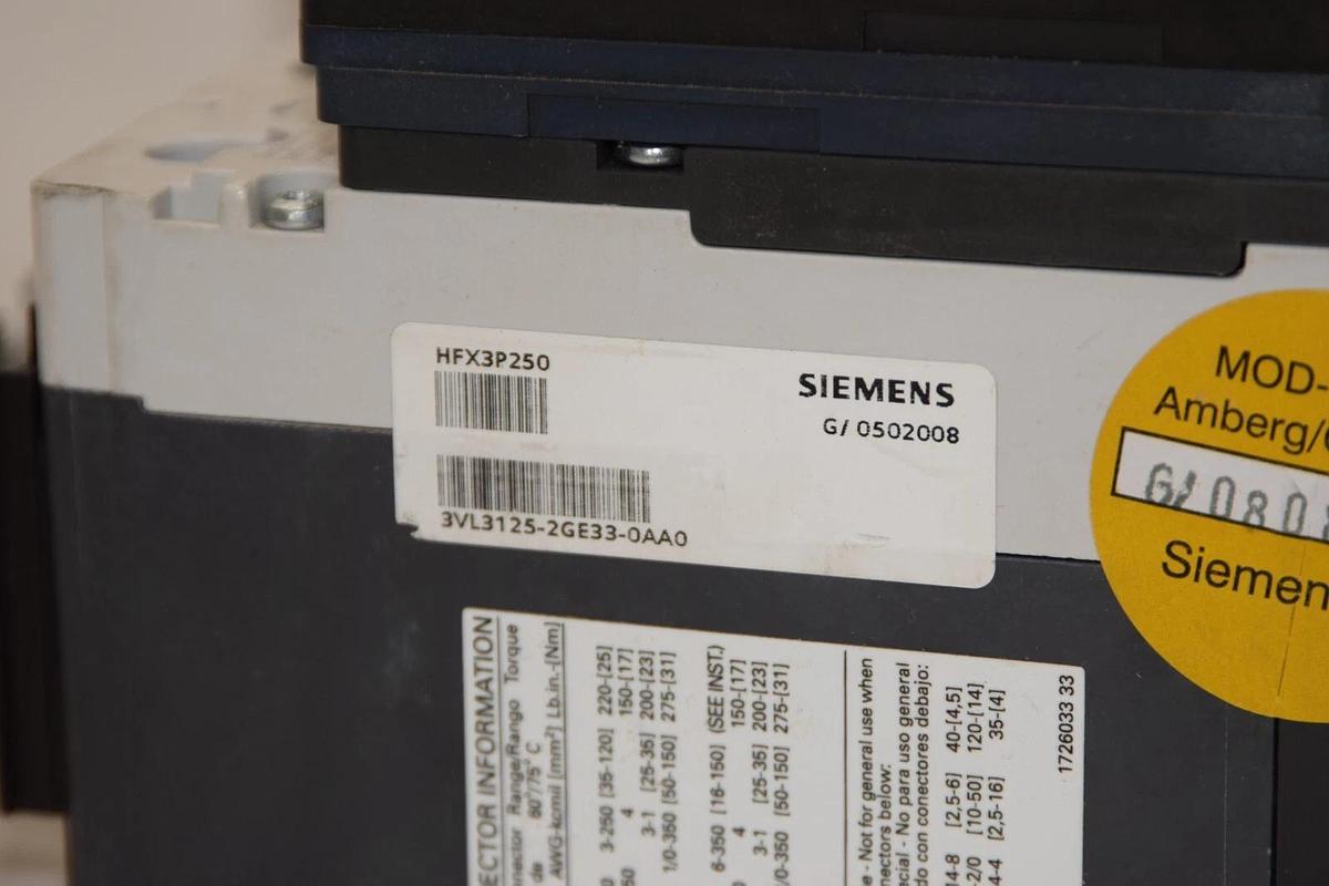 Used SIEMENS 3VL3125-2GE33-0AA0 CIRCUIT BREAKER 600V 250 Amp 3P HFX3P250 HFGA