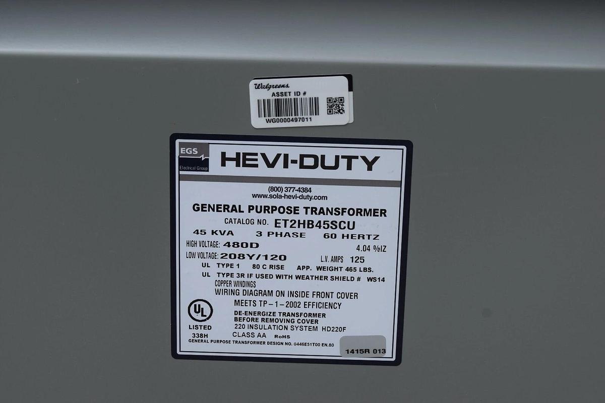 Used EGS Hevi-Duty HeviDuty Gen Purp Transformer ET2HB45SCU 45kva 3ph 480D 208y/120