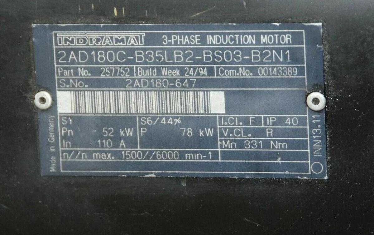Used INDRAMAT BOSCH Induction Motor 2AD180C-B35LB2-BS03-B2N1 52KW  257752