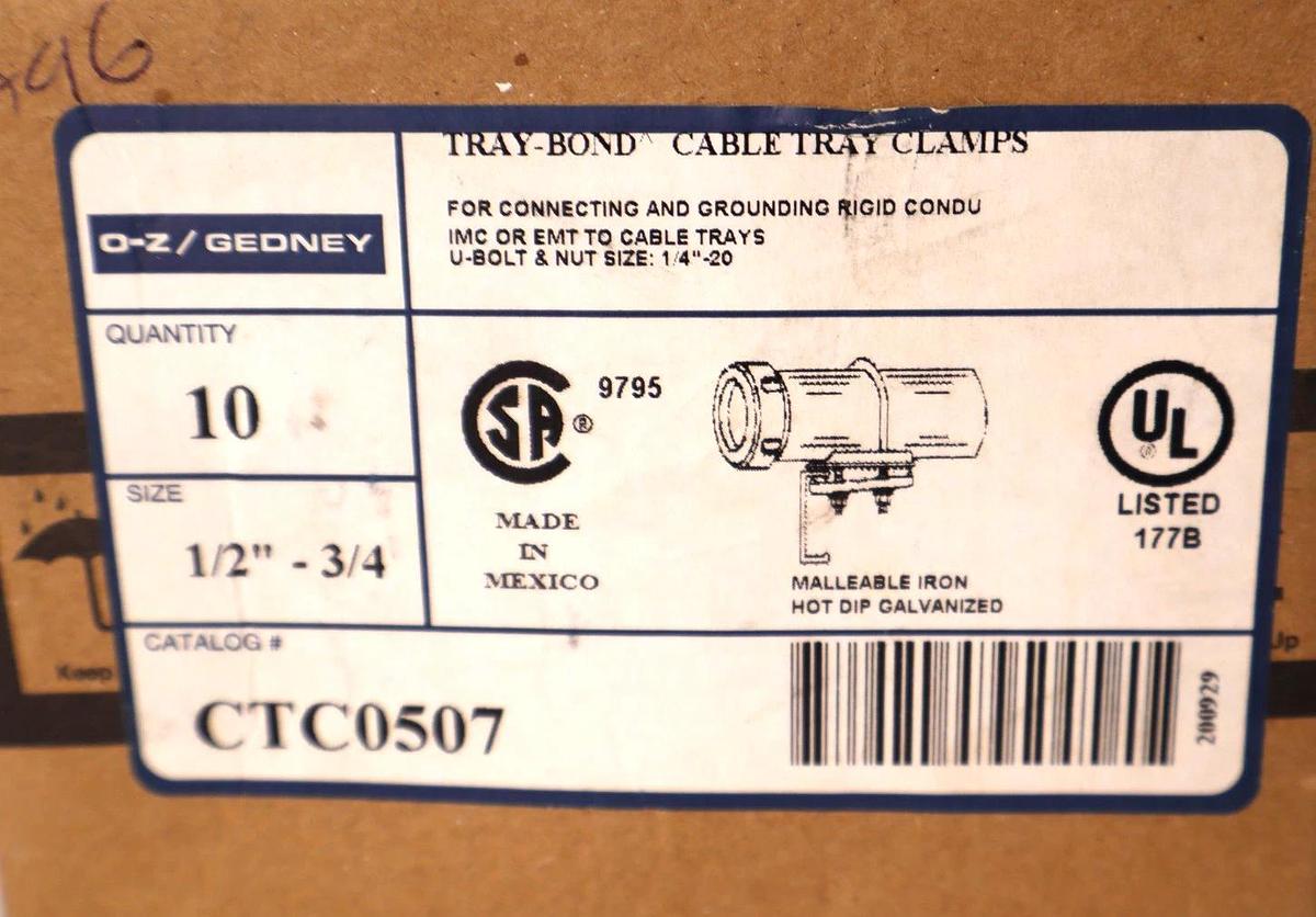 (NEW - BOX OF 10) O-Z / GEDNEY CTC0507 1/2"-3/4" Tray-Bond Cable Tray Clamp
