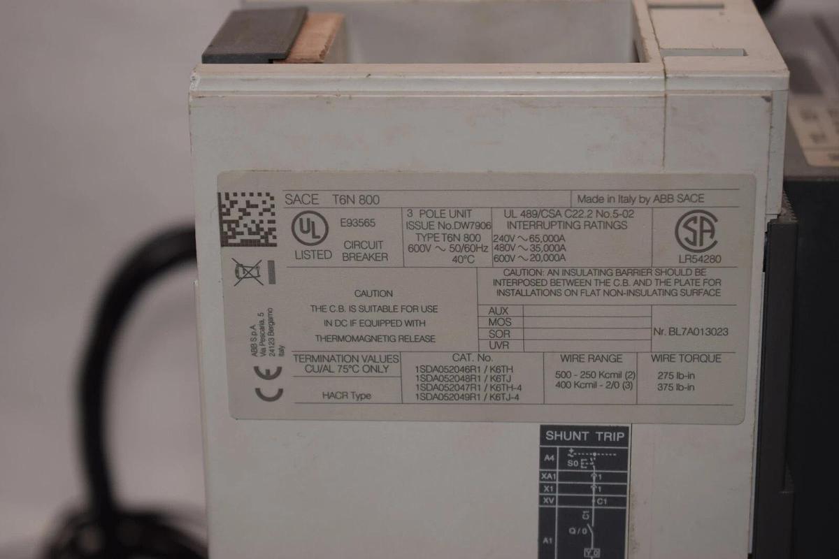 Used ABB SACE Tmax SACE T6N800 T6N 800 800A 3P  Circuit Breaker w/ Motor Operator
