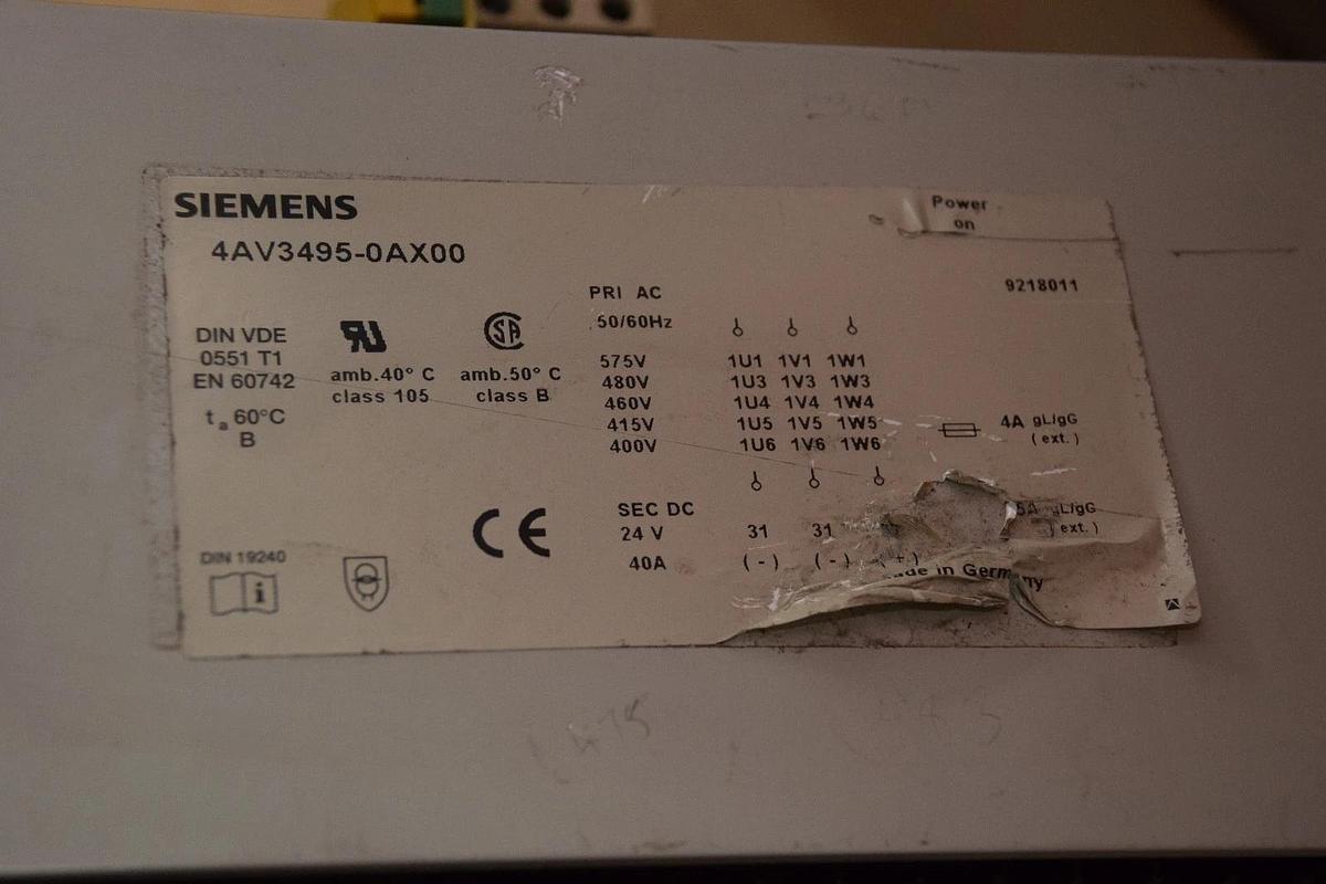 Used SIEMENS AC to DC TRANSFORMER 4AV3495-0AX00, 575V 50/60HZ 24VDC, 480V 460V 40A