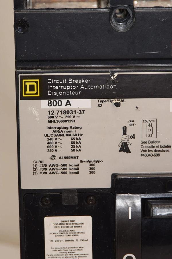 Used SQUARE D CIRCUIT BREAKER 800A 800 Amp A 12-718031-37 3P 3 pole MHL368001291
