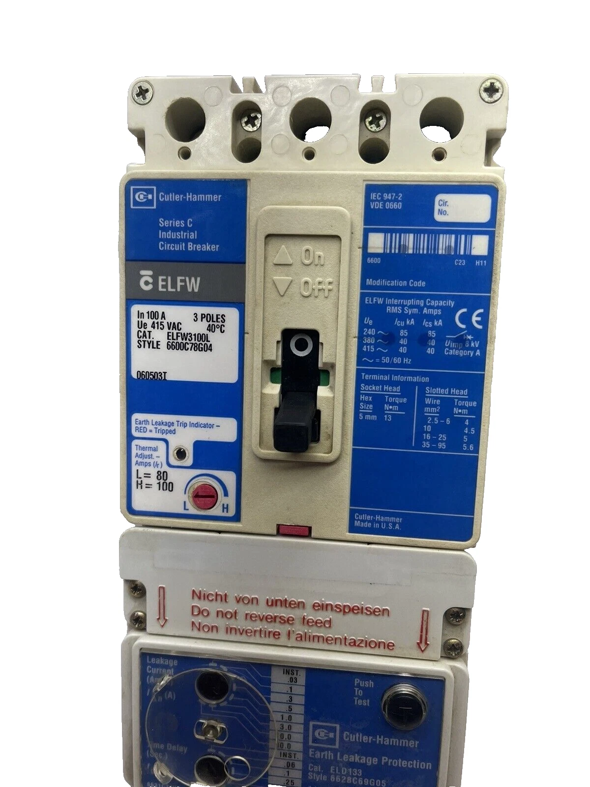 Used Cutler Hammer ELFW3100L, 3p 100a 415v, Circuit Breaker, With ELD133 100 A