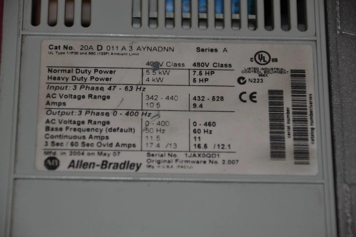 Used ALLEN BRADLEY POWERFLEX 70 AC DRIVE 20A D 011 A 3 AYNADNN  7.5 20AD011A3AYNADNN
