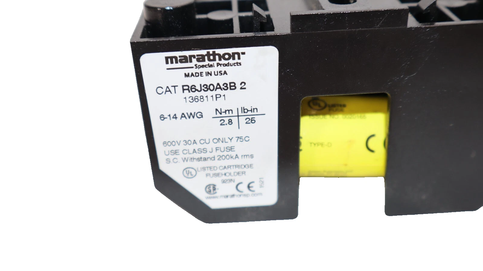 Used MARATHON R6J30A3B2 , 136811P1 600V 30A Fuse Holder With LPJ-17-1/2SP Fuse