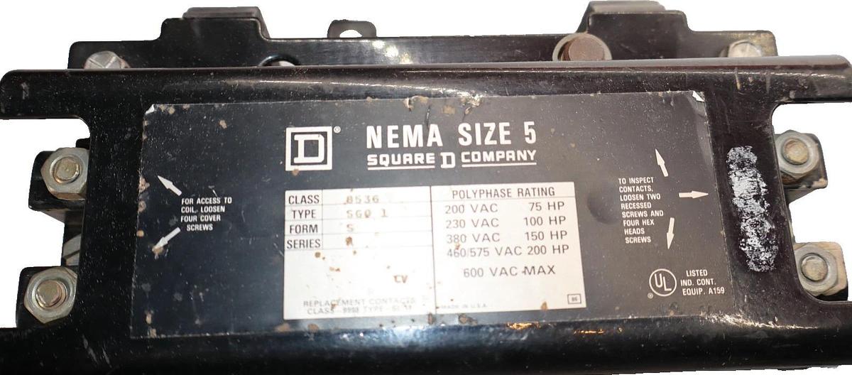 Used Square D Motor Starter 8536 SG01  SG0 1 8536SG01 Size Sz 5 550/600V Coil