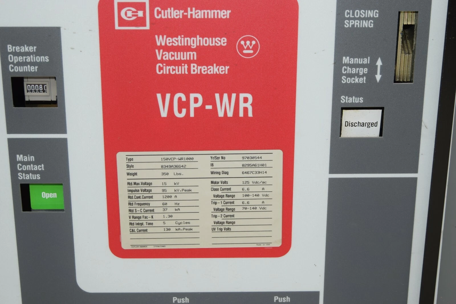 Used Cutler Hammer Vacuum Circuit Breaker 150VCP-WR1000 15 KV 1200A, 1200 Amp VCP-WR