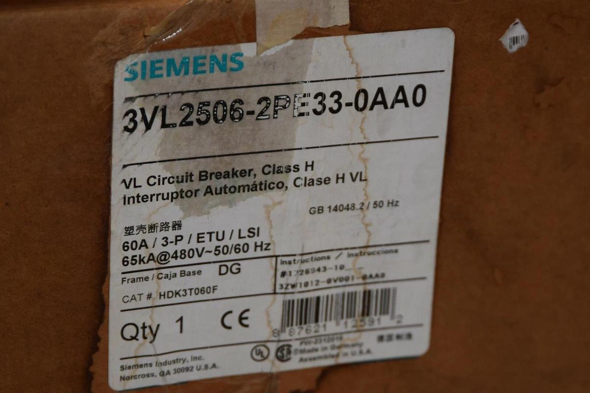 SIEMENS 3VL2506-2PE33-0AA0 Breaker 60A 60 Amp 3P HDK3T060F HDGB 60 A (NEW)