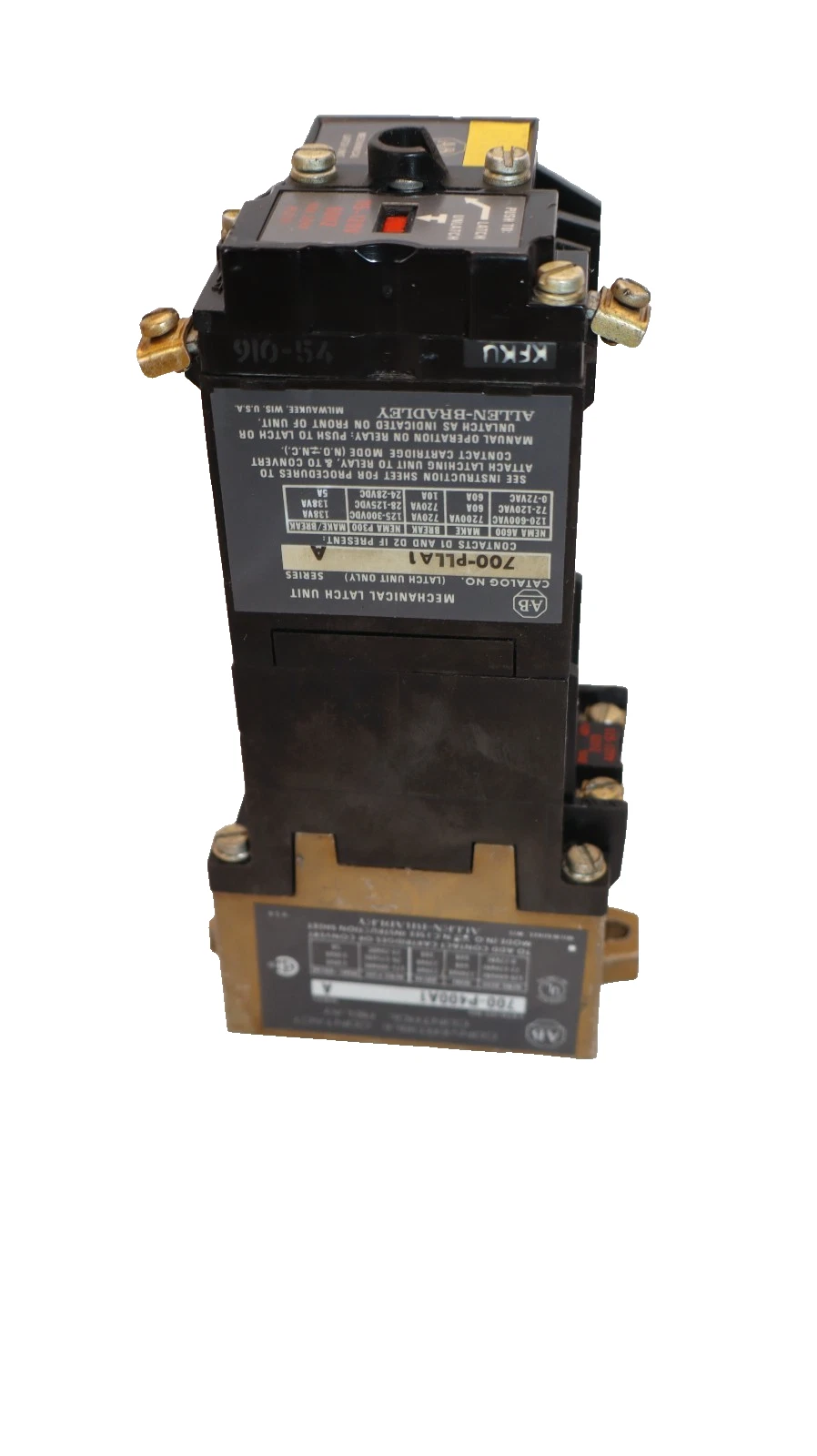 Used Allen Bradley Relay 700-PLLA1 Mechanical Latch Unit 700-P400A1 60A Coil: 120V
