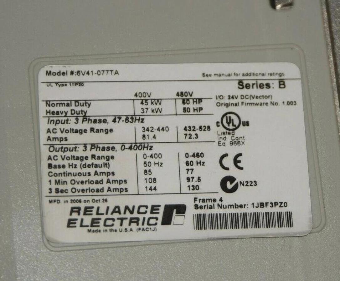 Used RELIANCE ELECTRIC GV6000 6V41-077TA  AC Drive Ser. B 60HP  6V41 077TA 460V