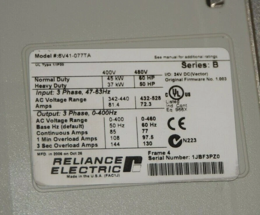 Used RELIANCE ELECTRIC GV6000 6V41-077TA AC Drive Ser. B 60HP 6V41 077TA 460V