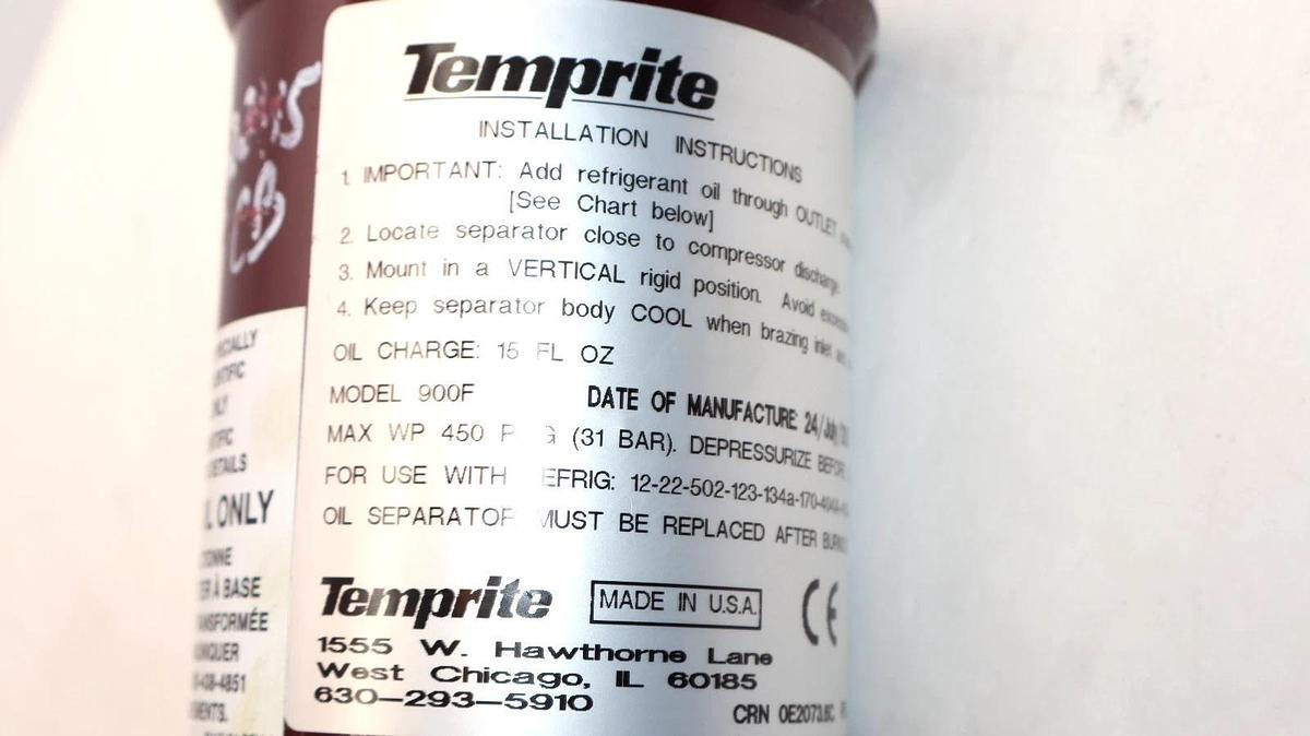 Temprite 900F Refrigerant Oil Separator 15 fl oz 450psig (New)