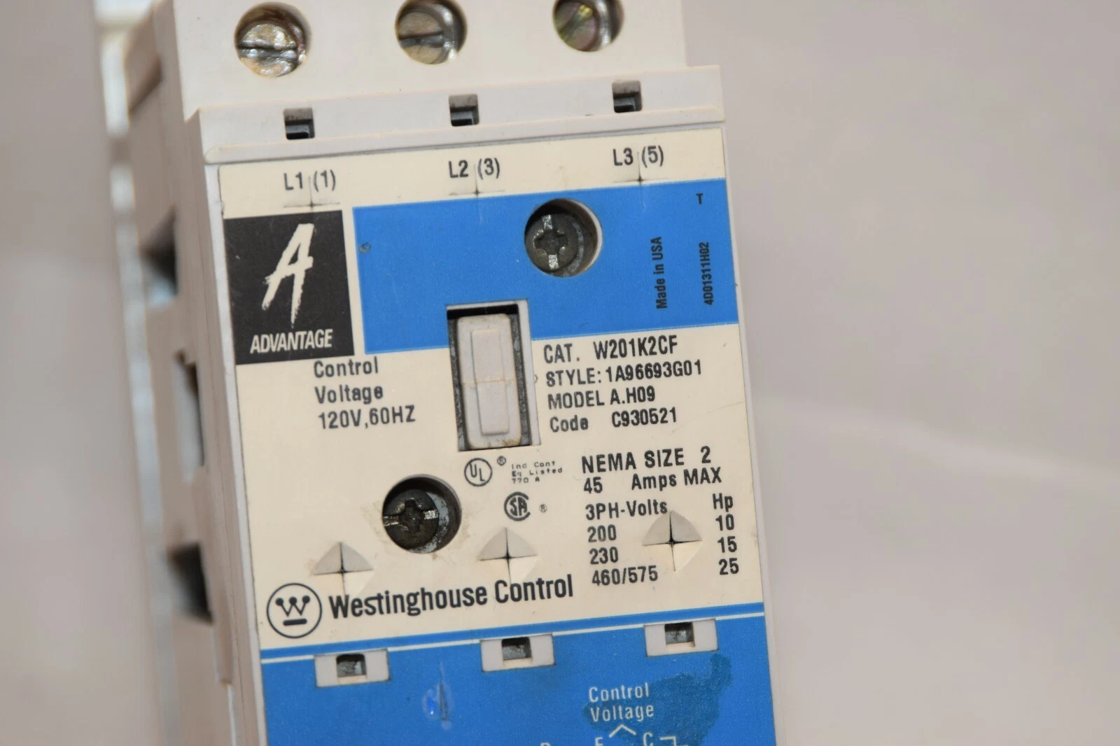 Used WESTINGHOUSE W201K2CF 1A96693G01 A.H09 C930521 Size 2 45A 120V Coil Contactor