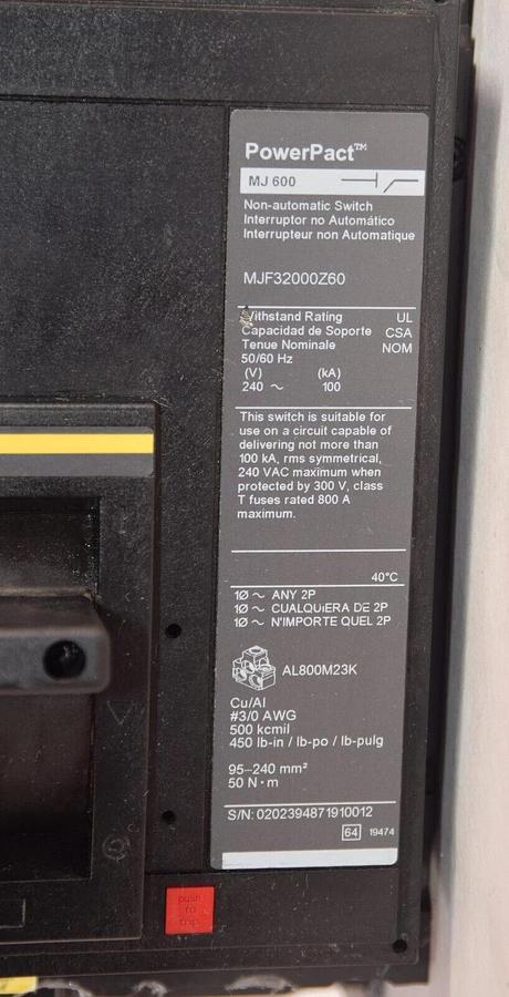 Used Schneider PowerPact Non Automatic Switch  MJ600 MJF32000Z60 600 Amp A 600A 240v