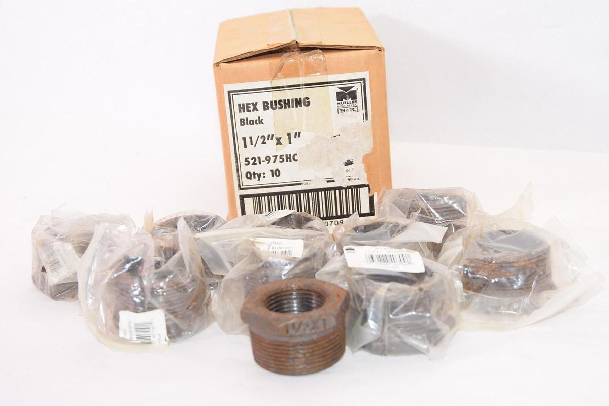 (NEW - Lot of 10) MUELLER 521-975HC 521975HC 1-1/2" x 1" Black Hex Bushing