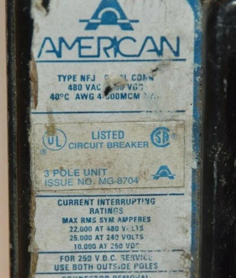Used AMERICAN Type NFJ MG-8704 225A 480Vac 3 Pole Circuit Breaker