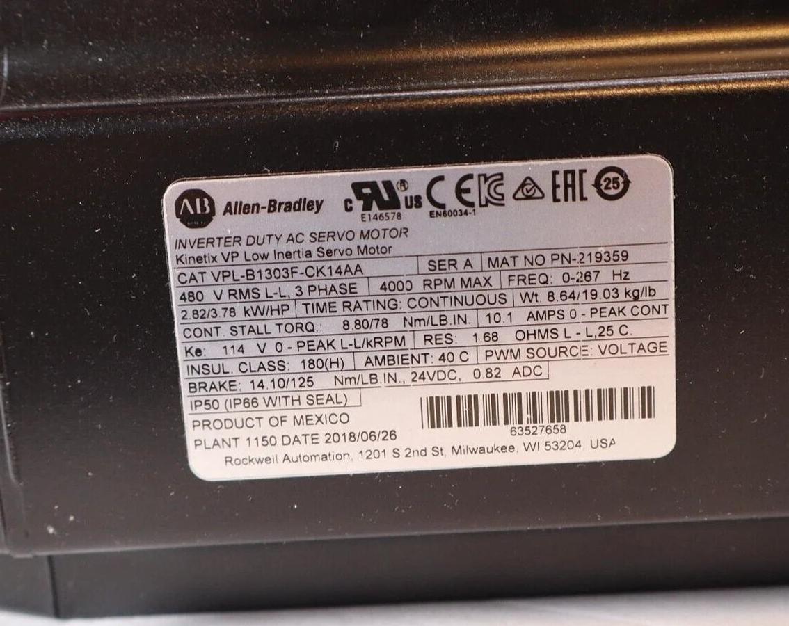 ALLEN BRADLEY Kinetix VP Servo Motor VPL-B1303F-CK14AA 3ph 2.82kw 3.78hp NEW