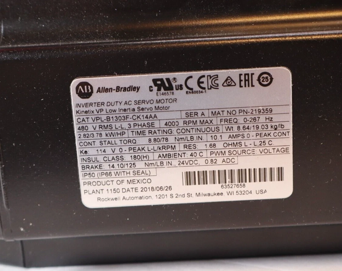 ALLEN BRADLEY Kinetix VP Servo Motor VPL-B1303F-CK14AA 3ph 2.82kw 3.78hp NEW
