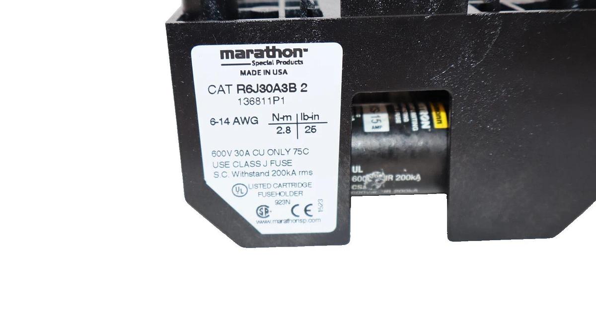 Used MARATHON R6J30A3B2 , 136811P1 600V 30A Fuse Holder With JKS-15 Fuse