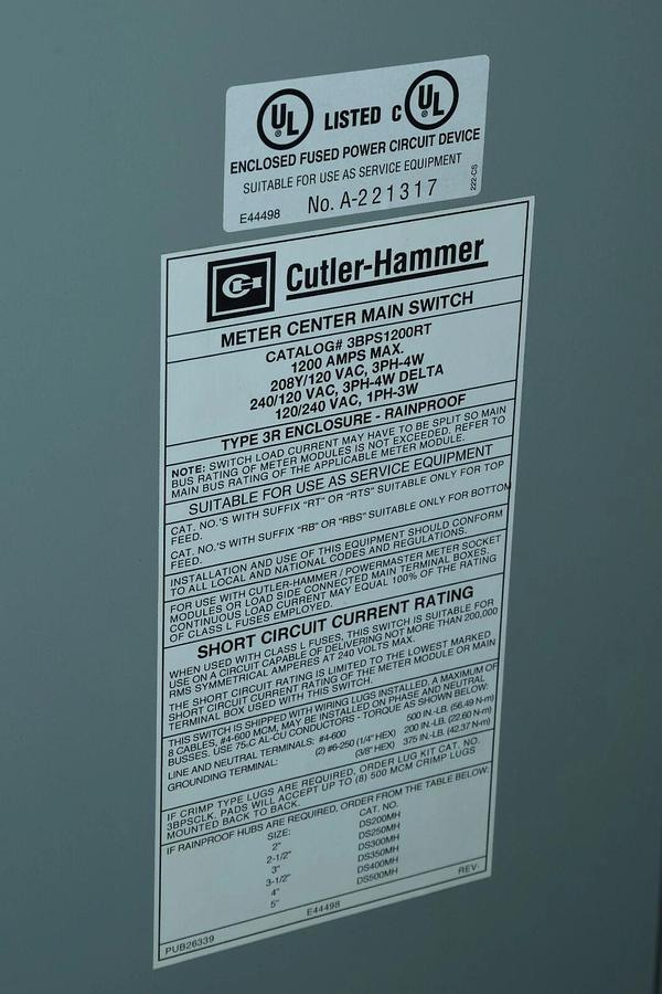 Cutler-Hammer 3BPS1200RT Bolted Pressure Contact Switch 1200A 3PH 1200 Amp Eaton