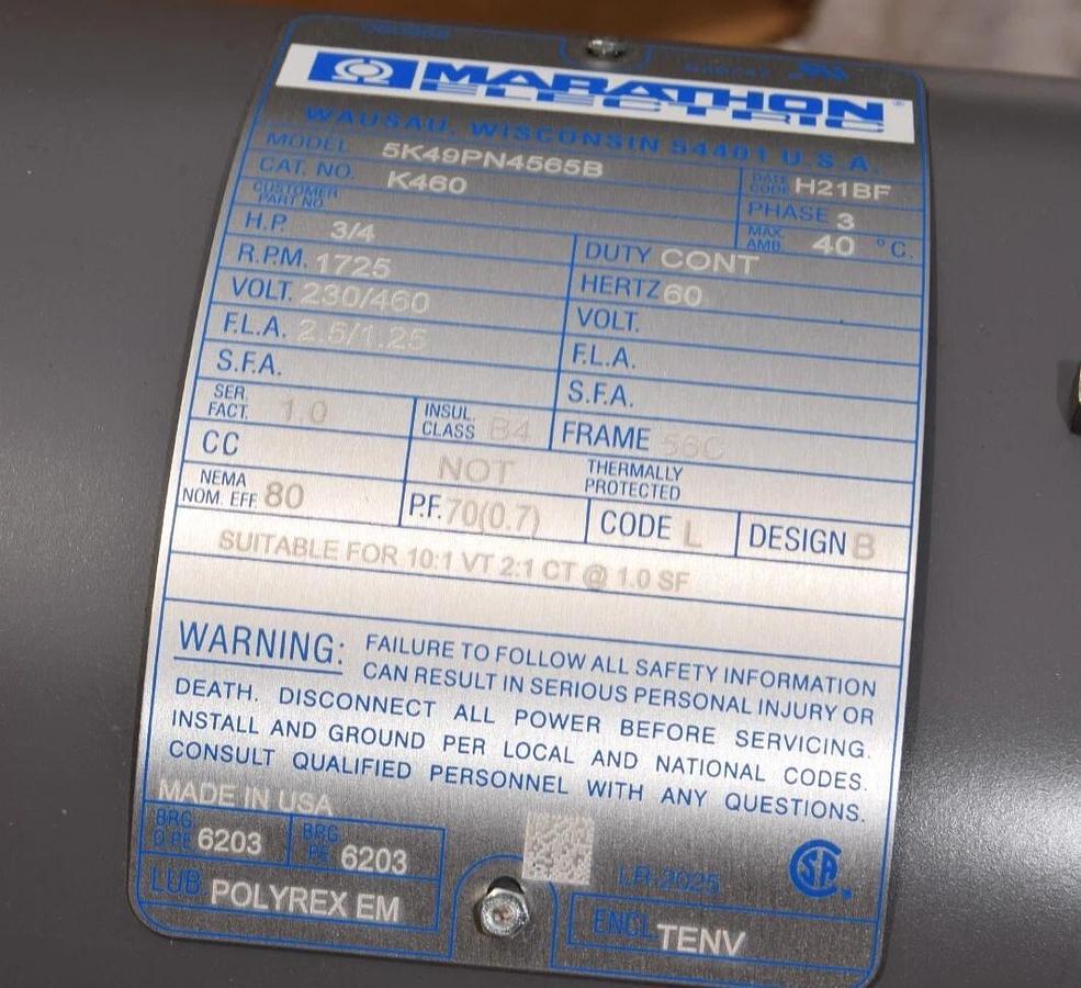 Used Marathon K460 Motor w/ Stearns Brake 3/4hp .75hp 230/460v 3ph 5K49PN4565B  (NEW)