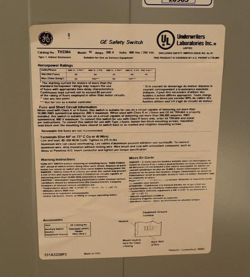 Used GE Heavy Duty Fusible Safety Switch Mod 10 TH3364 200A 200 Amp 600vac 150hp