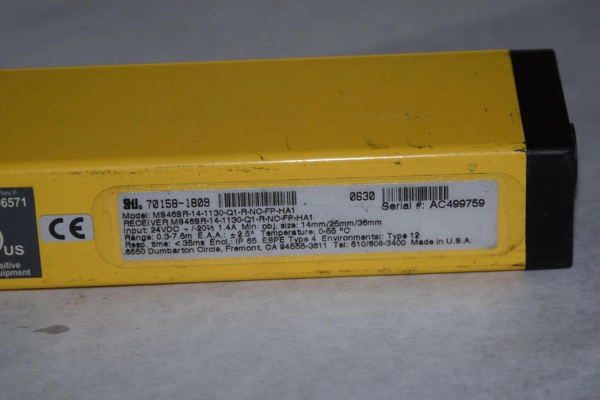 Used STI MS46SR-14-1130-Q1-R-NC-FP-HA1 70158-1809 Transmitter Safety Light Curtain