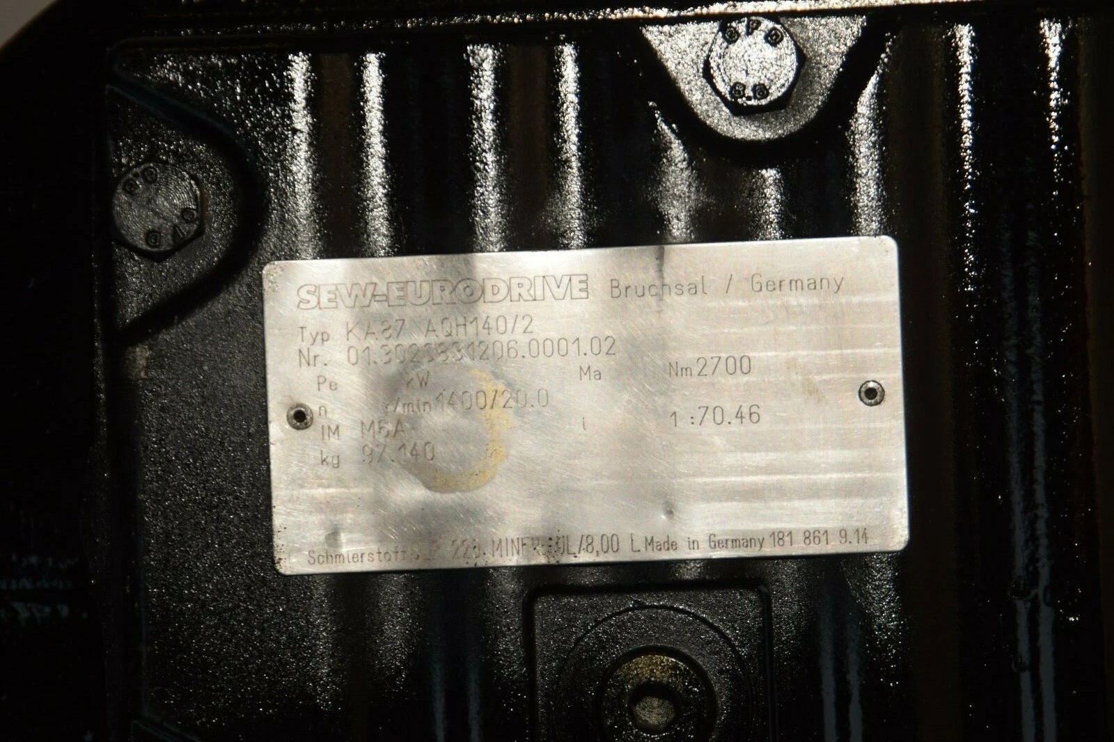 Sew-Eurodrive KA87 AQH140/2 Gear Box 01.3020831206.0001.02 KA87AQH140/2