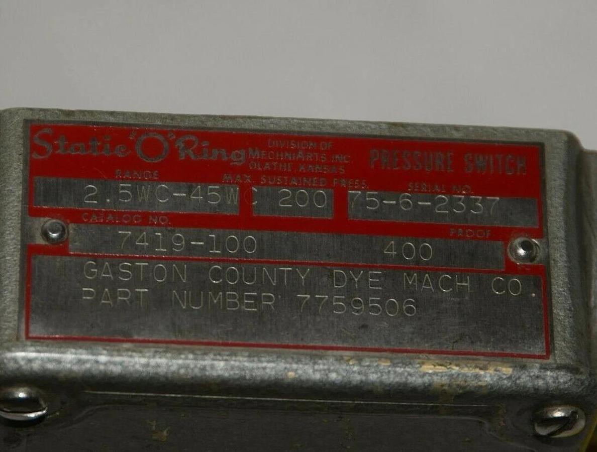 (NEW) STATIC O RIGHT 7419-100 7759506 2.5-45 WC 200psi 400Proof Pressure Switch