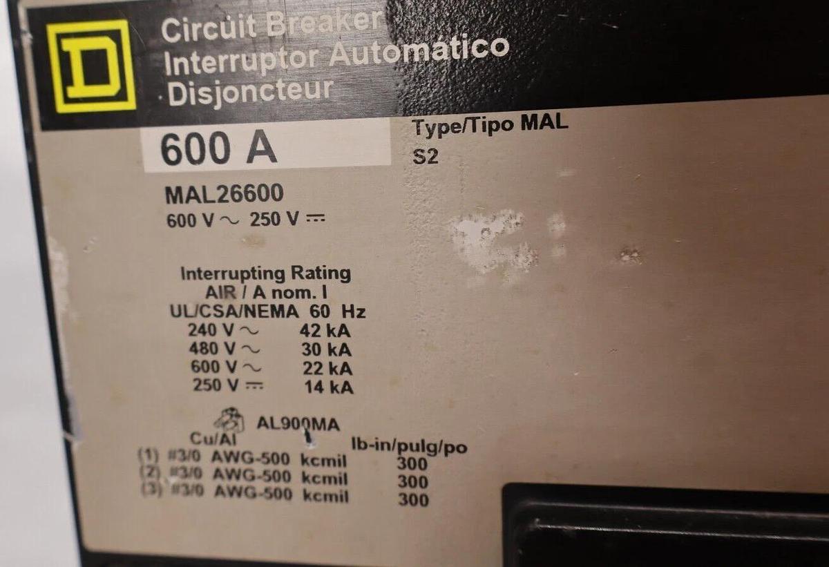 Used Square D Circuit Breaker 600 Amp 600A MAL26600 600v MAL S2 Shunt Trip: MA11021