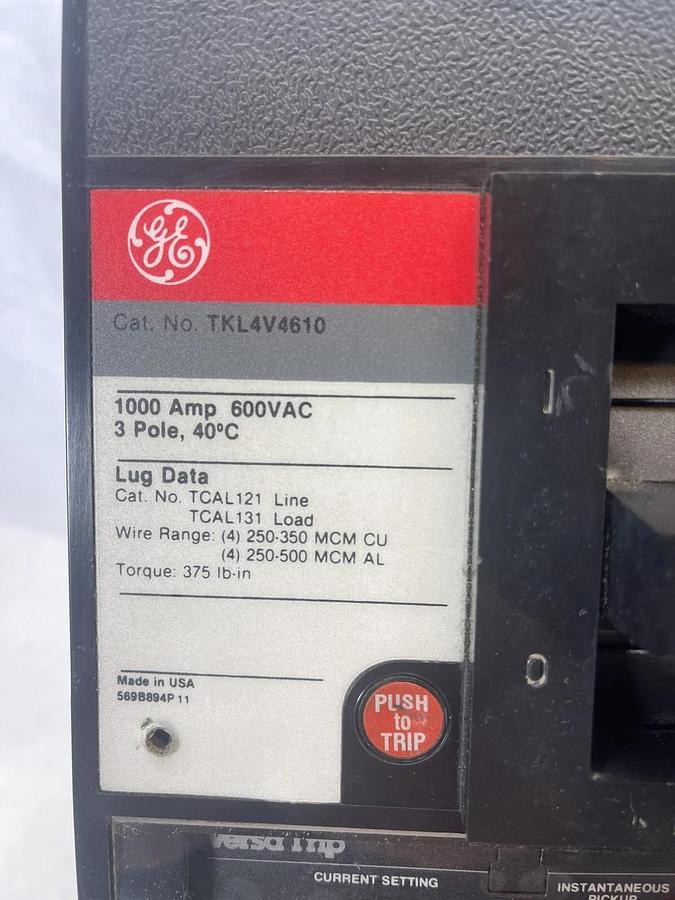 Used GE TKL4V4610 Hi IC Circuit Breaker 1000 Amp 600VAC 3Pole, Micro Versa Trip T4VT