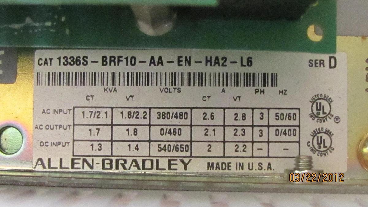 Used Allen Bradley 1336 Plus 1336S-BRF10-AA-EN-HA2-L6 Ser D 1336S-BRF10