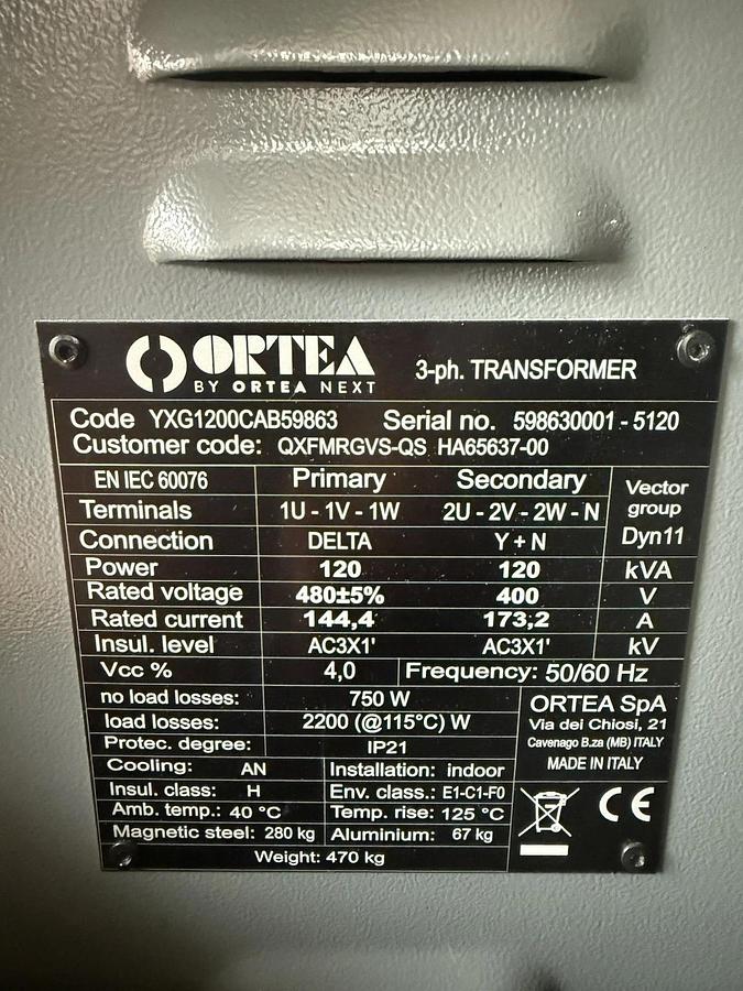 Used ORTEA 3ph Transformer, YXG1200CAB59863, 120kVA, Pri 480V delta, Sec 400V, 173.2A