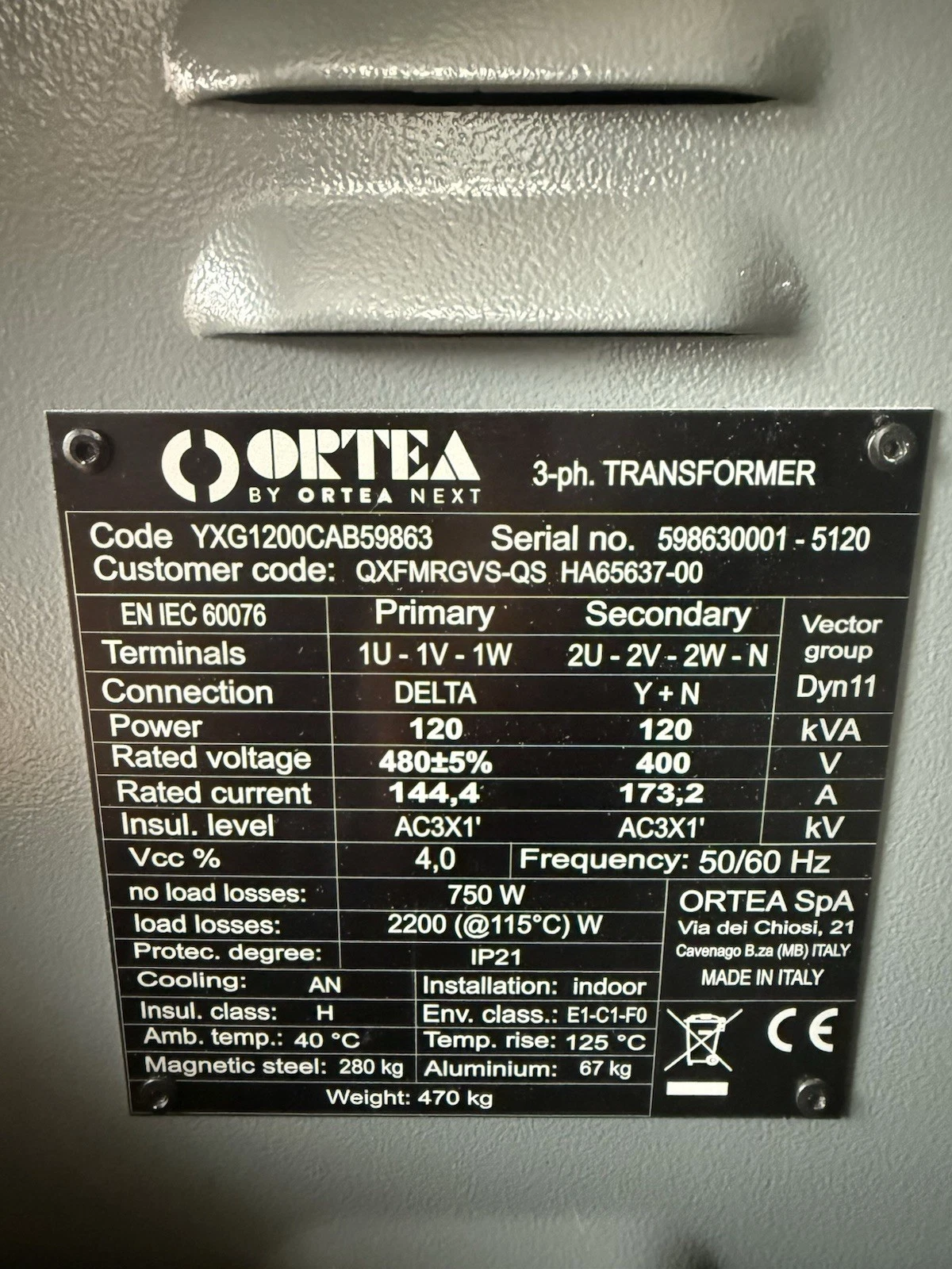 Used ORTEA 3ph Transformer, YXG1200CAB59863, 120kVA, Pri 480V delta, Sec 400V, 173.2A
