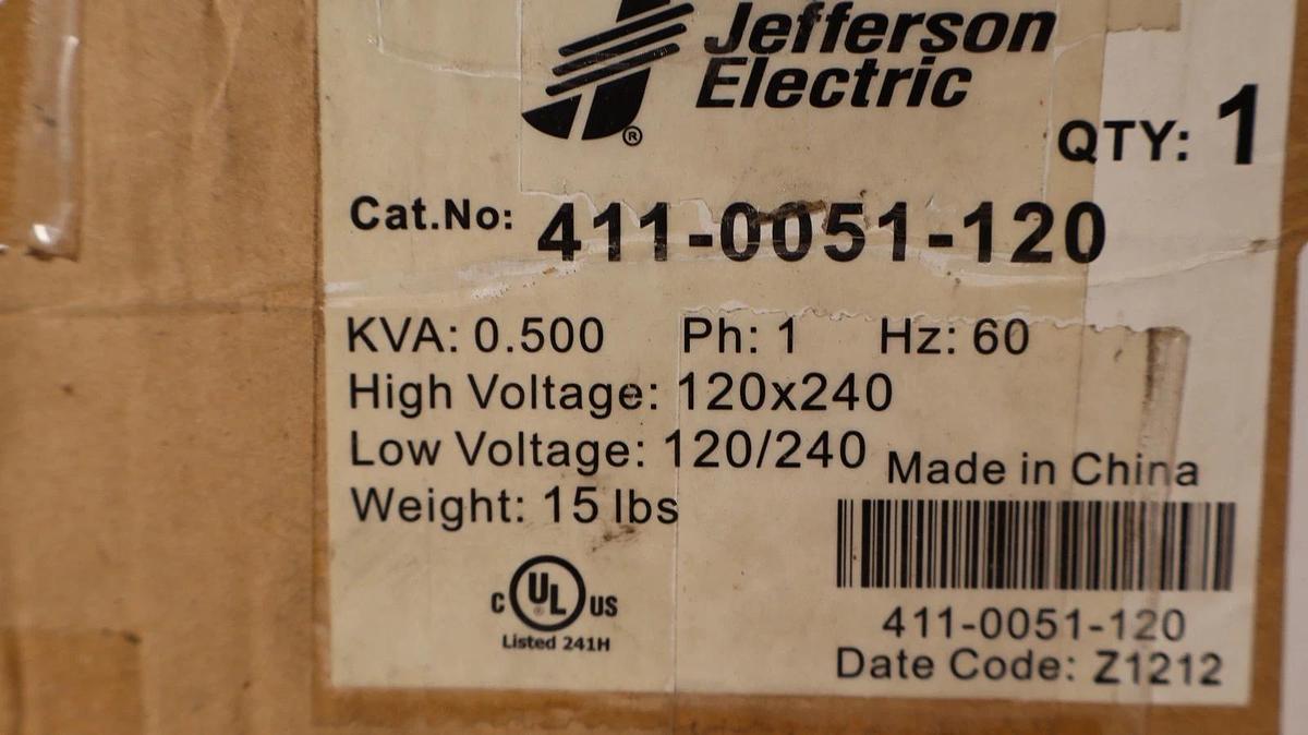 Jefferson Electric Transformer 411-0051-120 0.5kva 1Ph 120/240v Voltage (New)