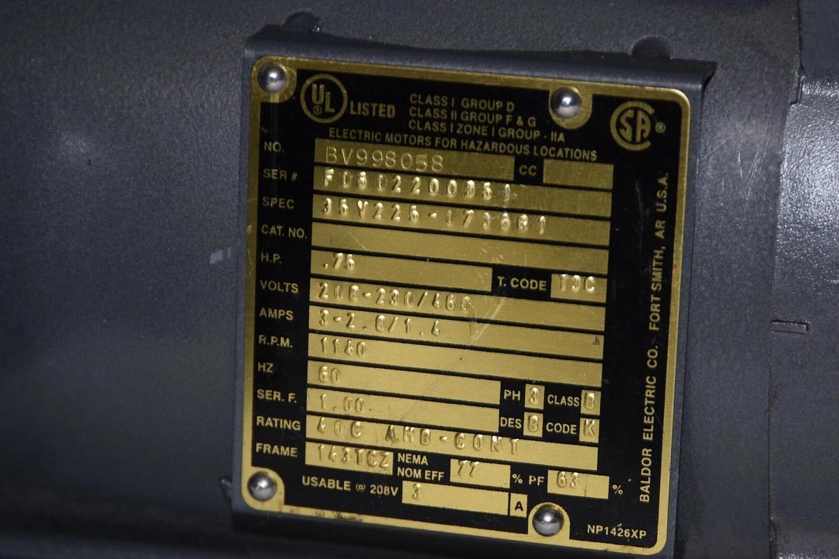 Used BALDOR Hazardous Location Electric Motor .75hp 3/4hp BV998058 208-230/460v NEW