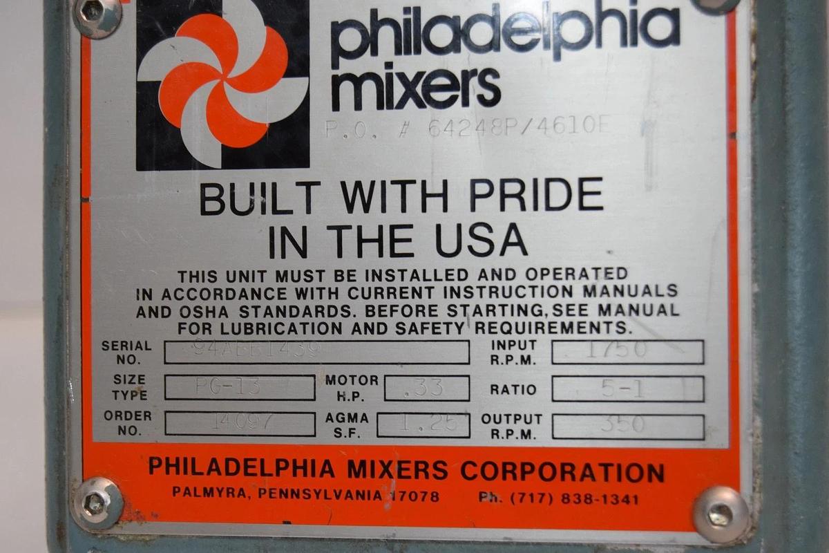 Philadelphia Portable Mixer Tank Agitator PG-13 1/3hp 350rpm 3ph Lightnin NOS