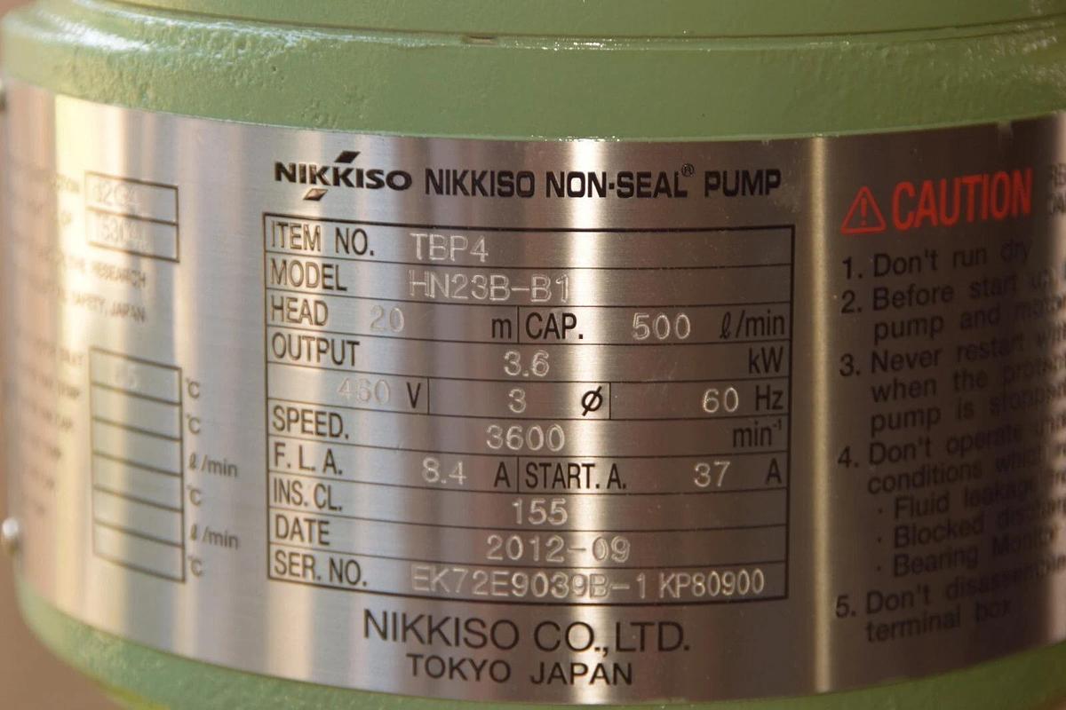 Nikkiso Non-Seal Pump TBP4 HN23B-B1 HN23BB1 Head: 20m 3.6kw 460v 500 L/min (NEW)