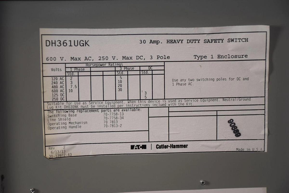 Used CUTLER HAMMER EATON Heavy Duty Safety Switch DH361UGK 30Amp 600V 3 Pole