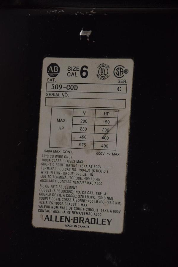 Used Allen Bradley AB SIZE Sz 6 Starter 509-G0D 509G0D Ser C 480v coil  Size6 Sz6
