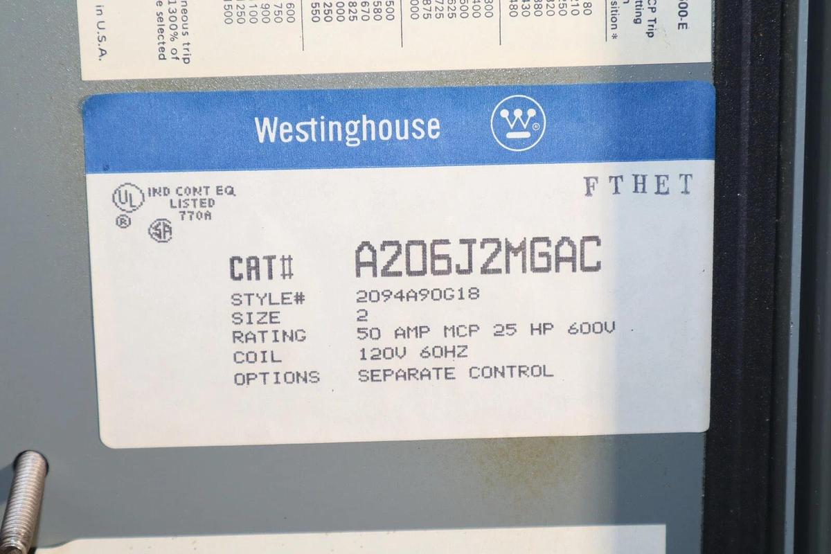Westinghouse Motor Control Starter Disconnect Size Sz 2 A206J2MGAC 50a 25hp NOS